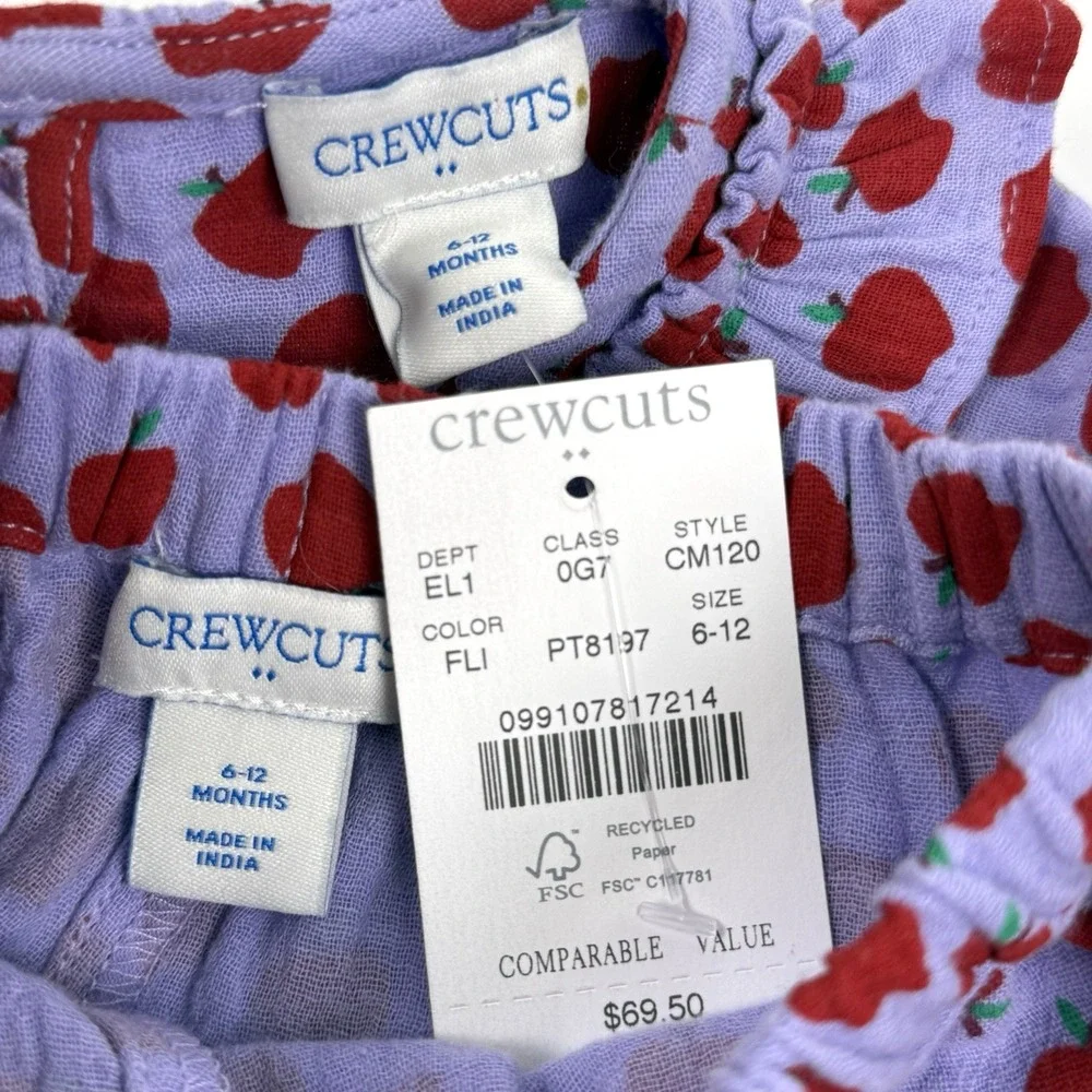New Crewcuts J Crew Muslin Gauze Ruffle Top Pant Set Girl 6M 12M Apple Print